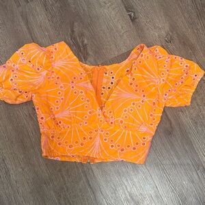 Vibrant Orange Eyelet Embroidered Crop Top